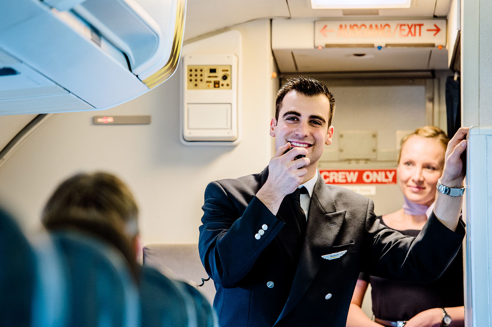 Flight crew anouncing departure details just before take off