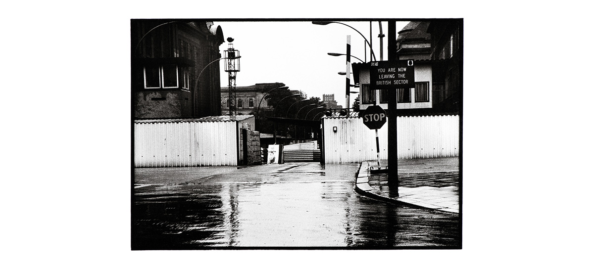B&W photo of British Checkpoint in the Berlin Wall in 1987