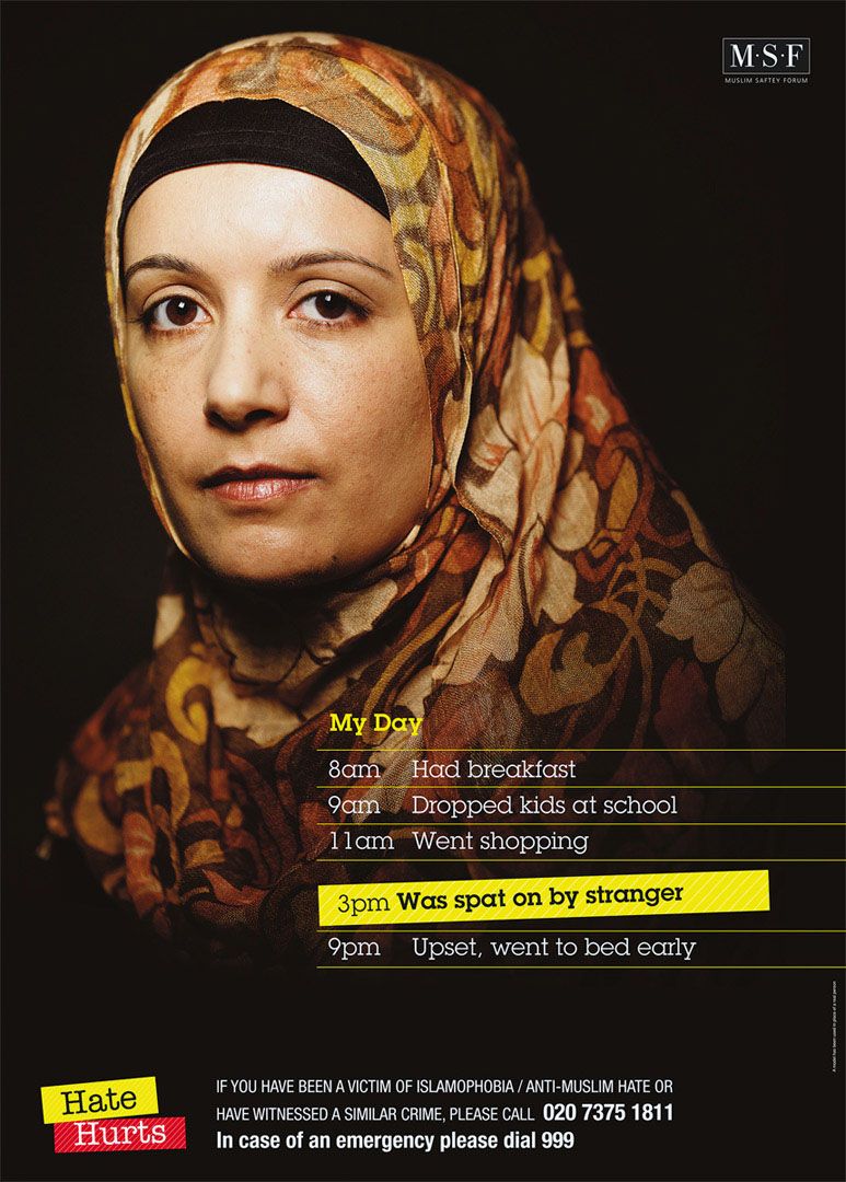 Poster for the Muslim Safety Forum featuring Asian woman in Headscarf for the Hate Hurts Campaign