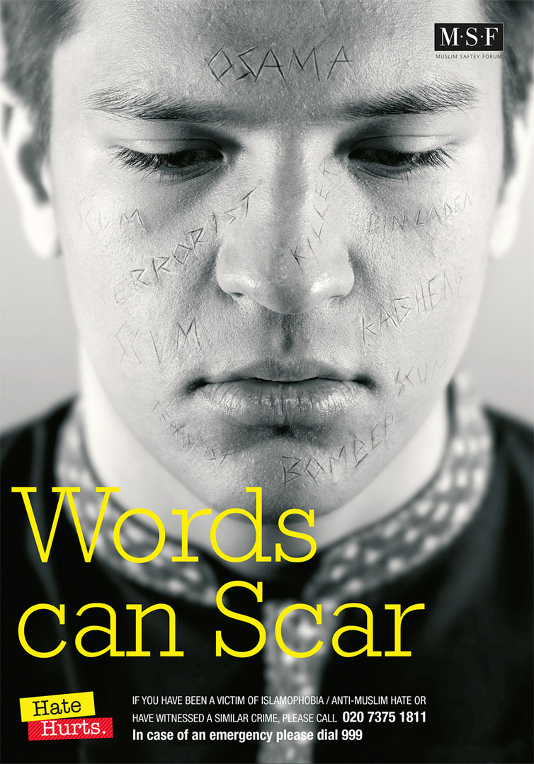Poster for the Muslim Safety Forum featuring Muslim Man retouched with scars for the Hate Hurts Campaign