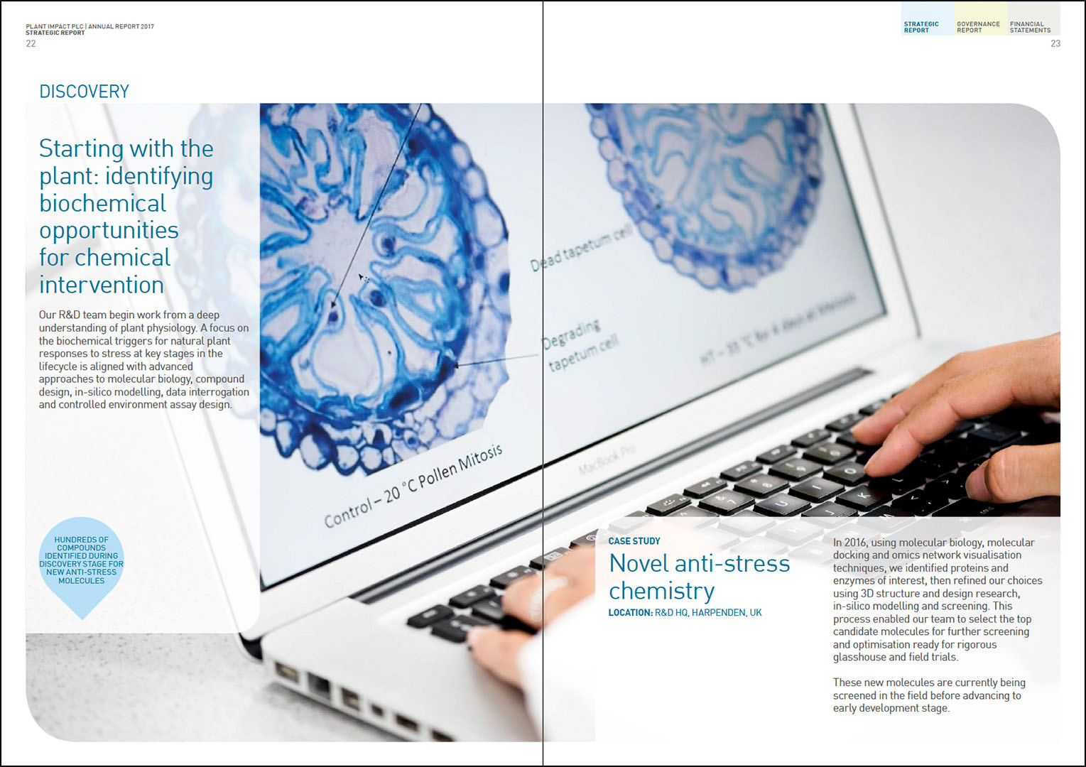Spread from Bioscience Company Annual Report featuring close up of microscopic images on screen
