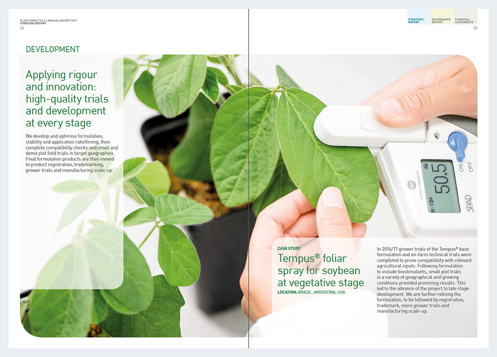 Taking measurements on plant leaves on printed spread of Plant Impact Report & Accounts 