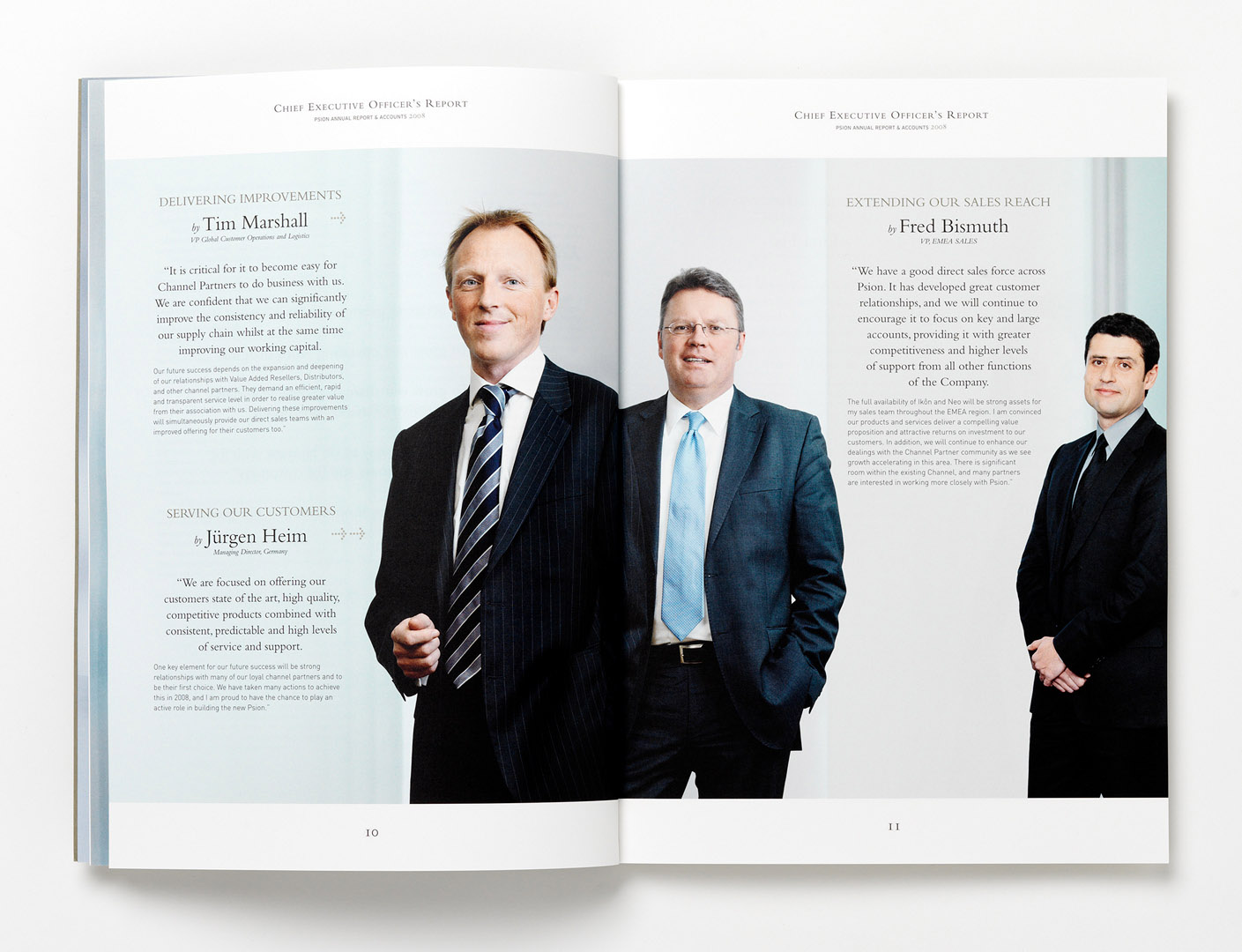Annual Report spread featuring three 3/4 length portraits