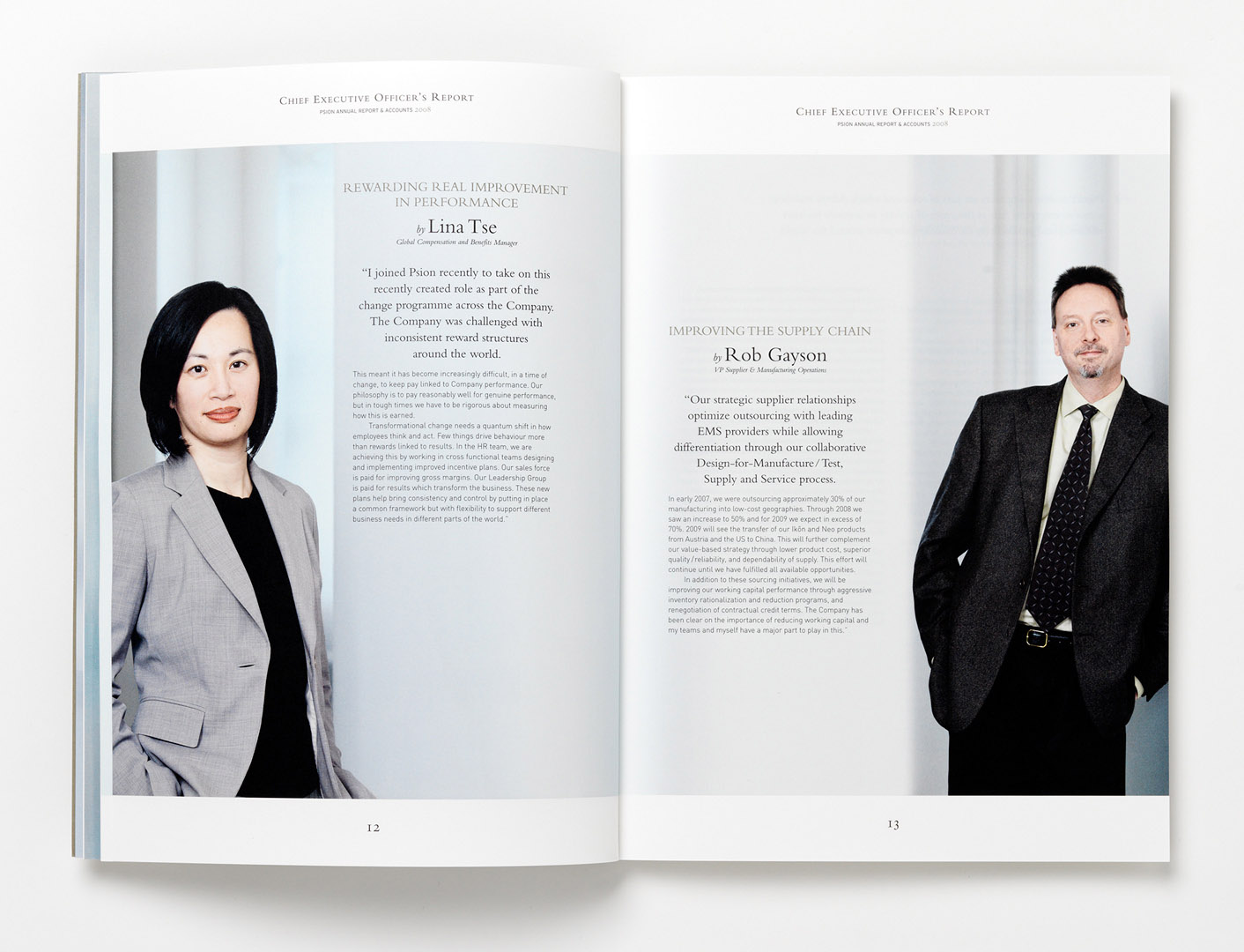 Annual Report spread featuring two 3/4 length portraits