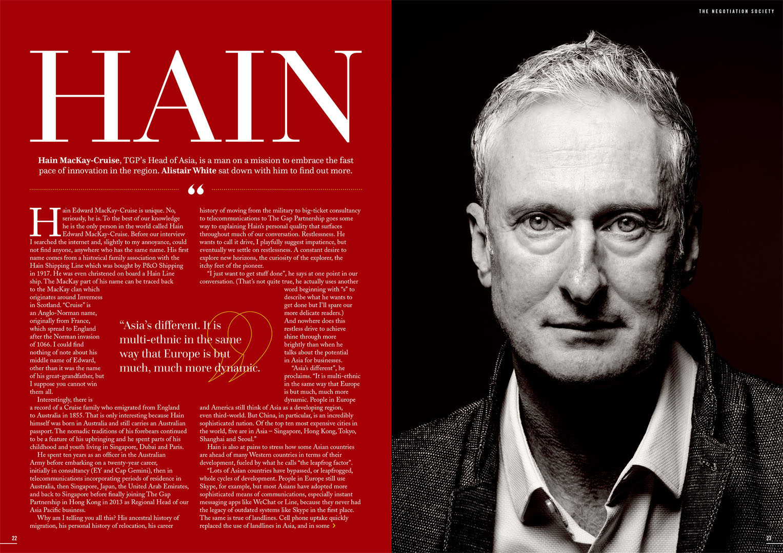 Spread from The Negotiation Society Magazine featuring Hain MacKay-Cruise
