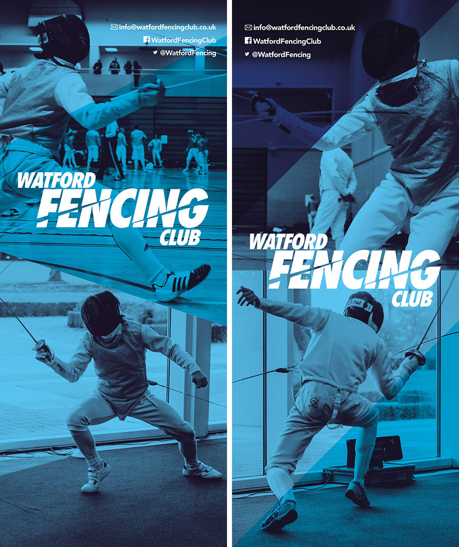 2 banners for Fencing Club featuring action images on the piste