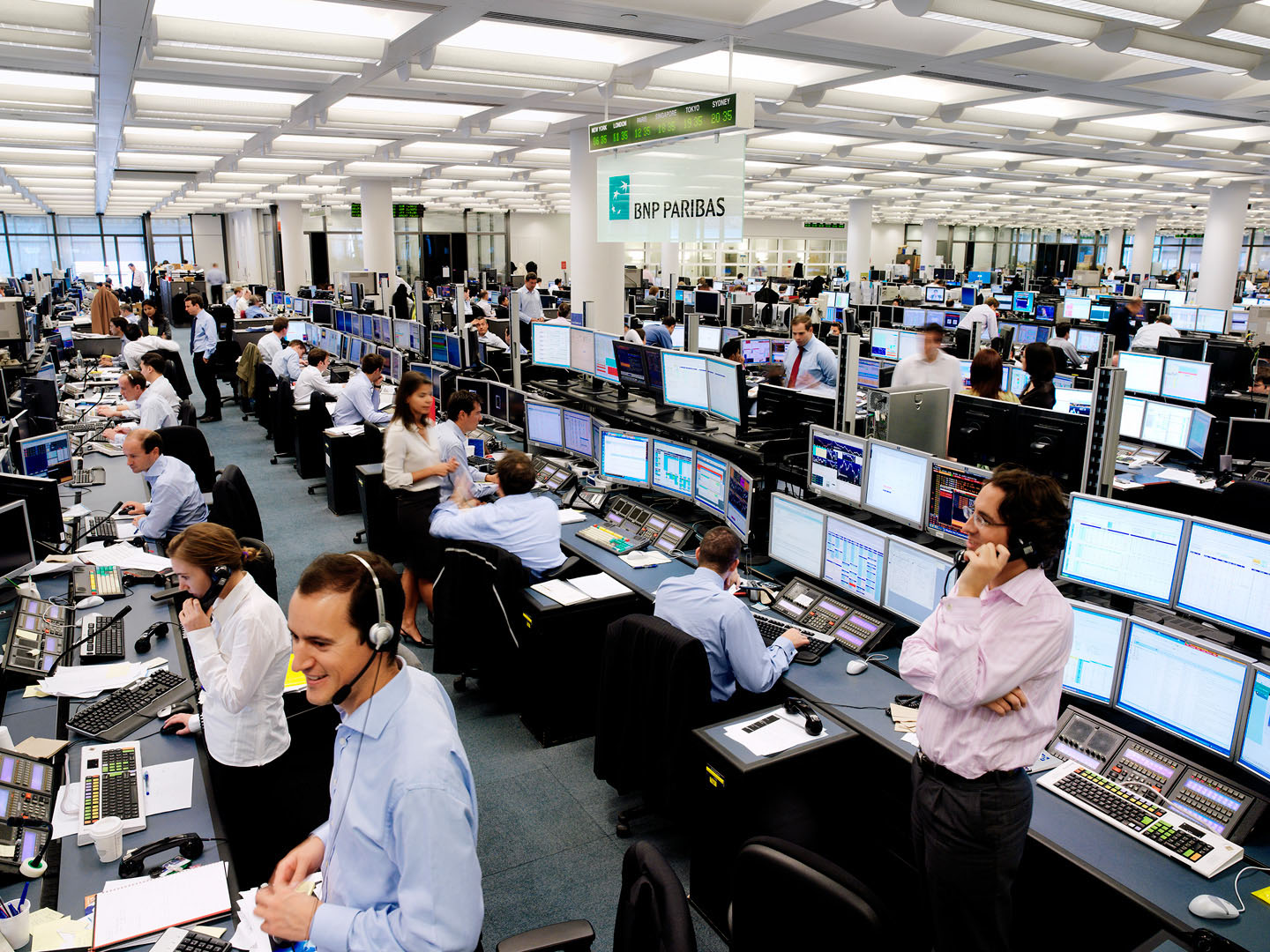 Wide view of busy city trading floor