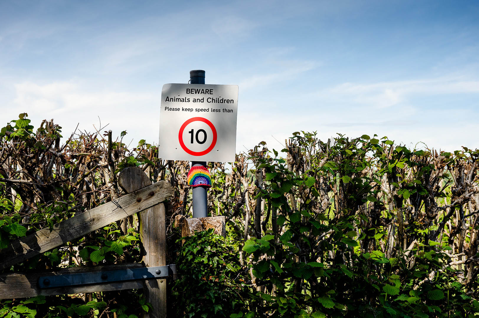 Knitted Rainbow on speed warning sign at entrance to farm during lockdown 