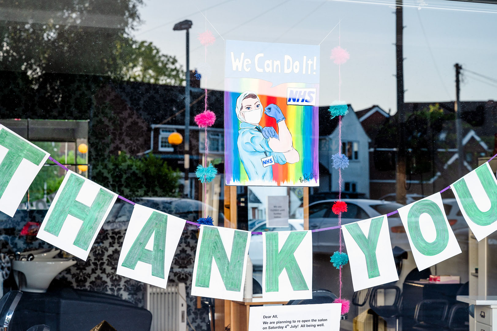 Thank you sign to the NHS in Rural Shop window during lockdown