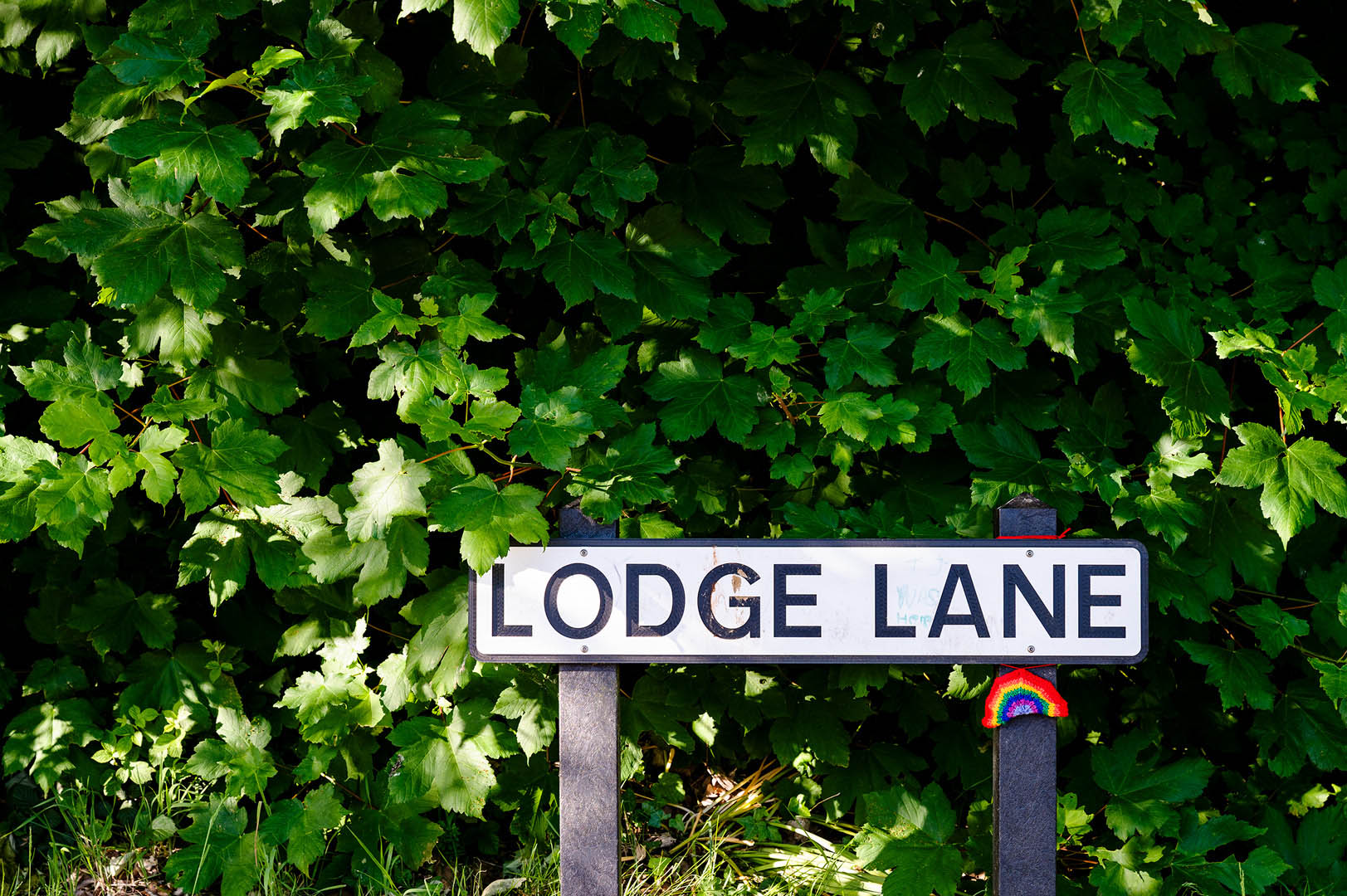 Knitted rainbow in semi shadow on street sign in dappled light