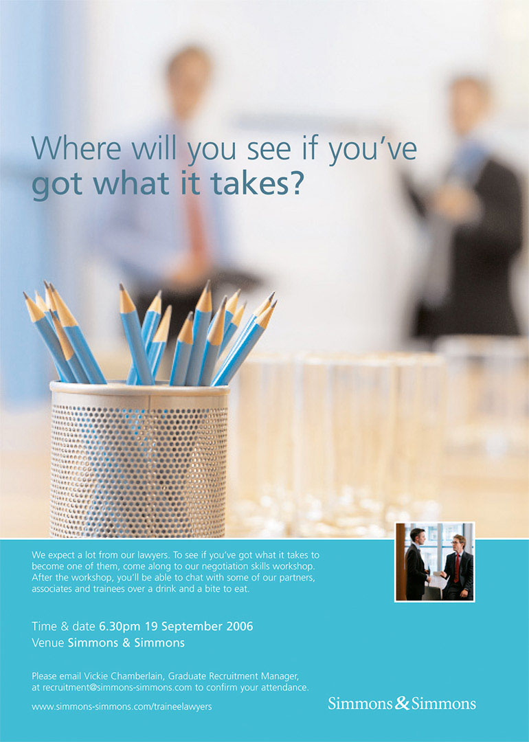 Recruitment poster for Law Firm featuring a close up of sharpened pencils in meeting room